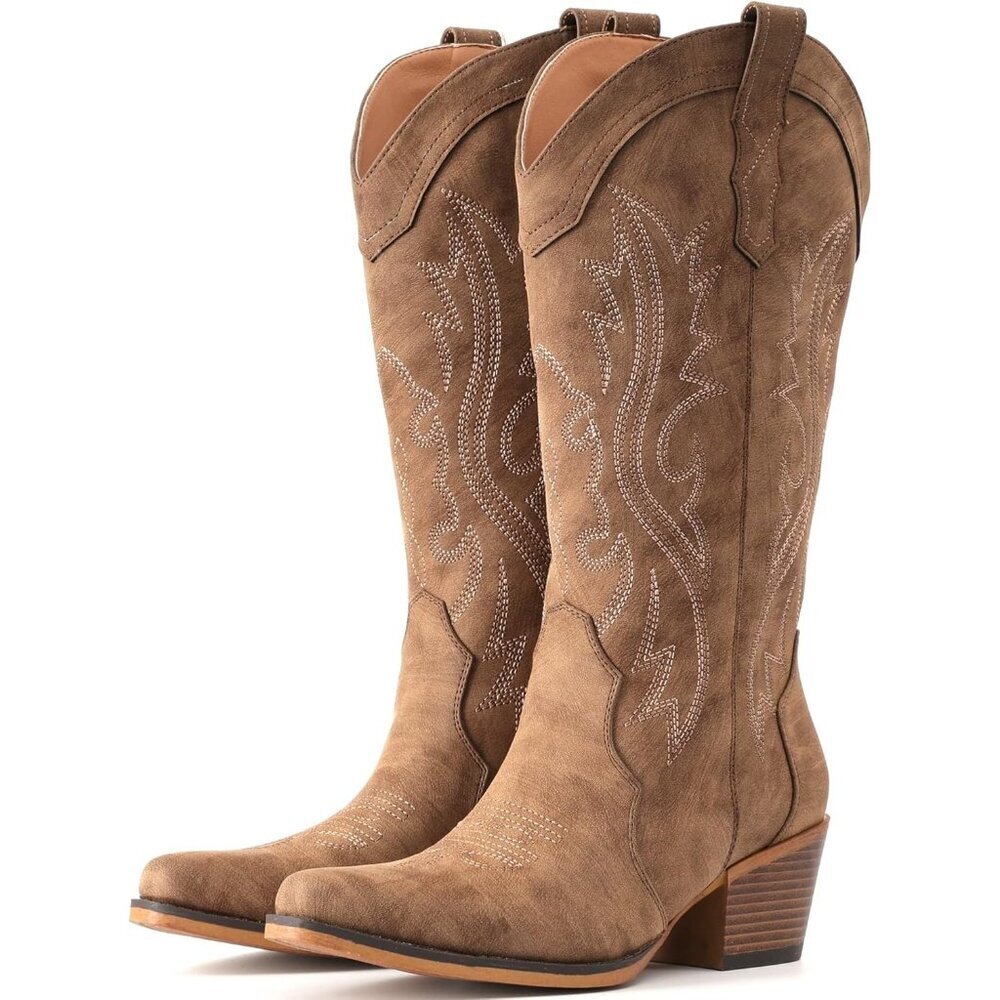 Women's Brown Western Cowgirl Chunky Heel Mid Calf Snip Toe Insteps Boots